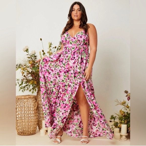 Pink Plus Allover Floral Print Criss-Cross Tie Backless Cami Dress | Size 2X - Picture 2 of 3